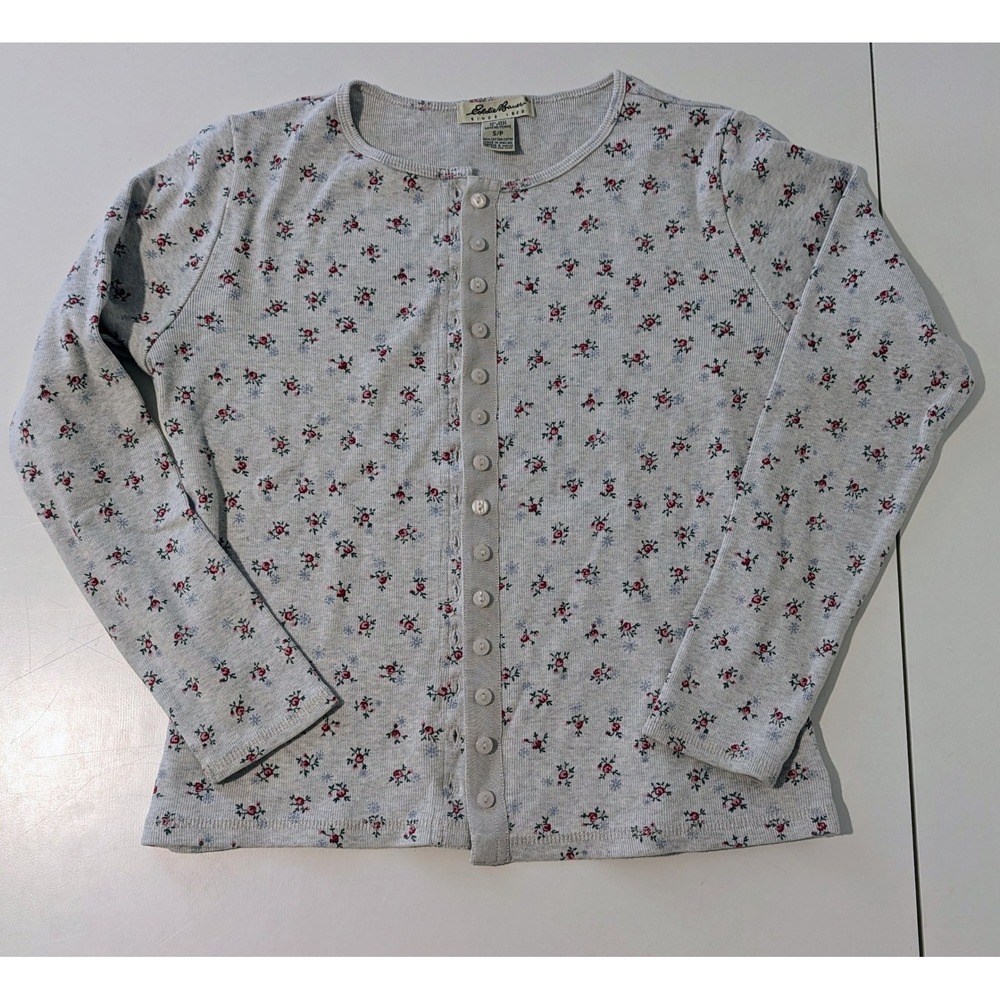 Eddie Bauer Vintage 90s Floral Ribbed Knit Button Cardigan Sweater Small EUC
